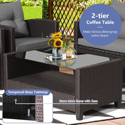 4 Pieces Patio Rattan Conversation Furniture Set with Glass Top Coffee Table-Gray - Gray - Patio Conversation Sets