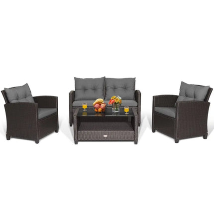 4 Pieces Patio Rattan Conversation Furniture Set with Glass Top Coffee Table-Gray - Gray - Patio Conversation Sets