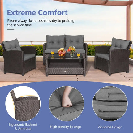 4 Pieces Patio Rattan Conversation Furniture Set with Glass Top Coffee Table-Gray - Gray - Patio Conversation Sets