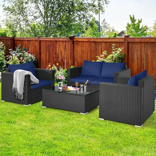 4 Pieces Patio Rattan Conversation Set with Padded Cushions-Navy - Navy - Patio Conversation Sets
