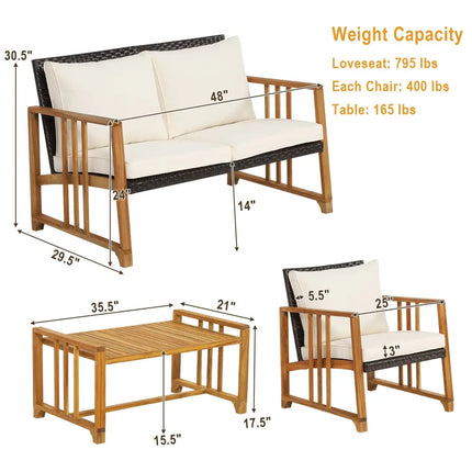 4 Pieces Patio Rattan Conversation Set with Seat and Back Cushions-Off White - Off White - Patio Conversation Sets