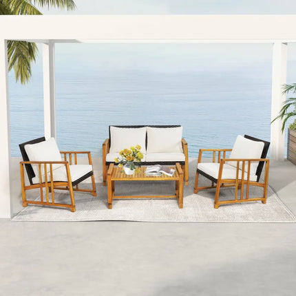 4 Pieces Patio Rattan Conversation Set with Seat and Back Cushions-Off White - Off White - Patio Conversation Sets