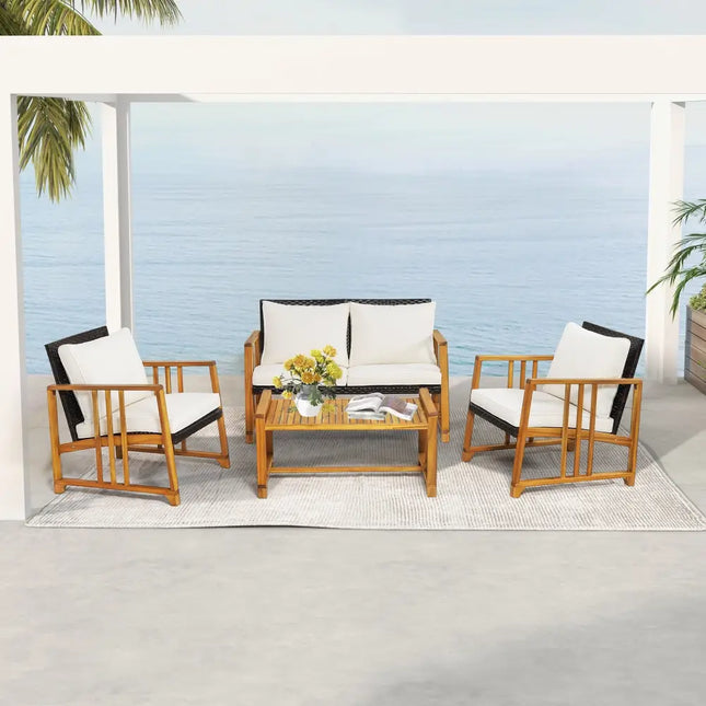 4 Pieces Patio Rattan Conversation Set with Seat and Back Cushions-Off White - Off White - Patio Conversation Sets
