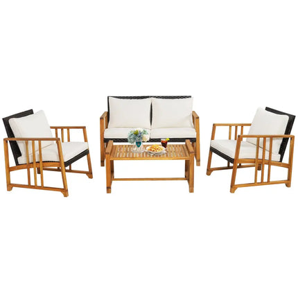4 Pieces Patio Rattan Conversation Set with Seat and Back Cushions-Off White - Off White - Patio Conversation Sets