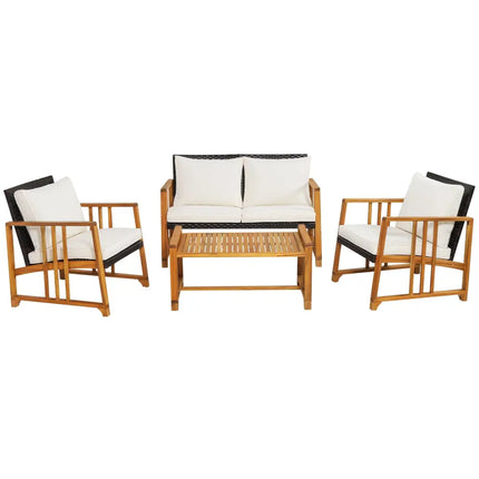 4 Pieces Patio Rattan Conversation Set with Seat and Back Cushions-Off White - Off White - Patio Conversation Sets