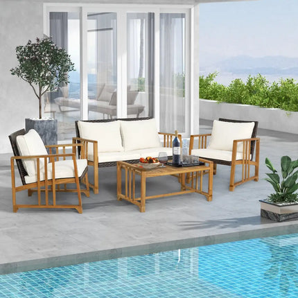 4 Pieces Patio Rattan Conversation Set with Seat and Back Cushions-Off White - Off White - Patio Conversation Sets