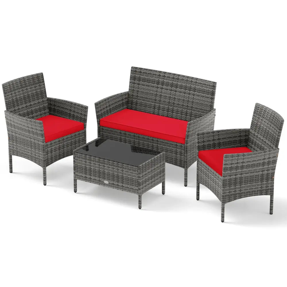 4 Pieces Patio Rattan Conversation Set with Tempered Glass Coffee Table-Red - Red - Patio Conversation Sets