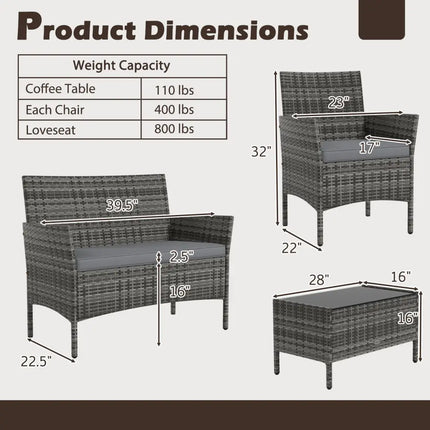 4 Pieces Patio Rattan Conversation Set with Tempered Glass Coffee Table-Gray - Gray - Patio Conversation Sets