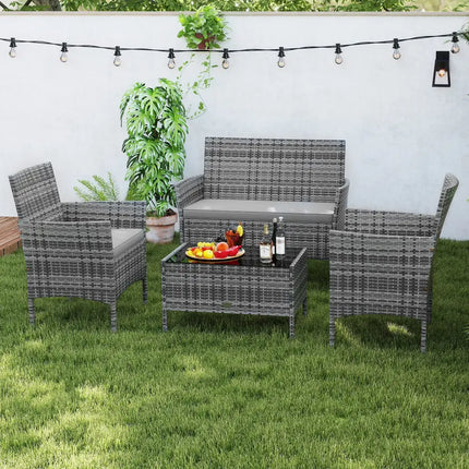 4 Pieces Patio Rattan Conversation Set with Tempered Glass Coffee Table-Gray - Gray - Patio Conversation Sets