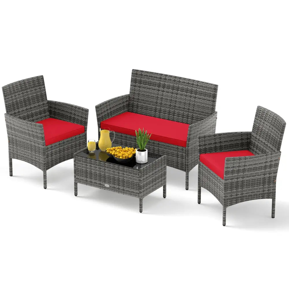 4 Pieces Patio Rattan Conversation Set with Tempered Glass Coffee Table-Red - Red - Patio Conversation Sets