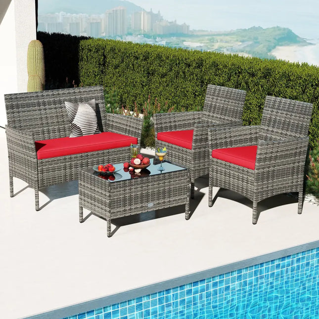 4 Pieces Patio Rattan Conversation Set with Tempered Glass Coffee Table-Red - Red - Patio Conversation Sets