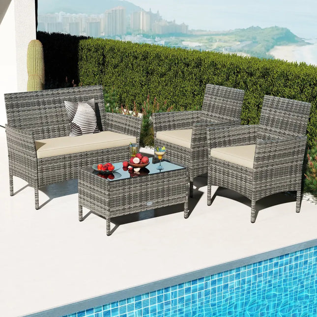 4 Pieces Patio Rattan Conversation Set with Tempered Glass Coffee Table-Beige - Beige - Patio Conversation Sets