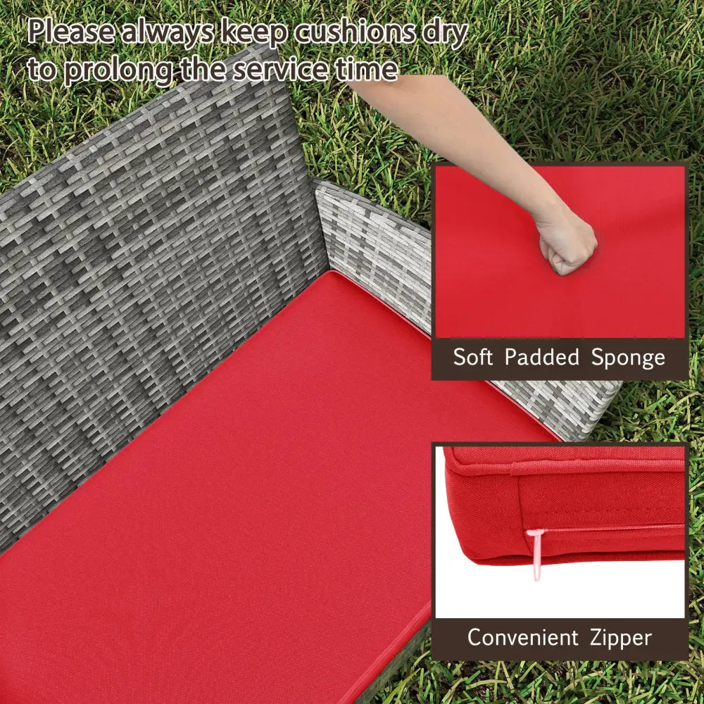4 Pieces Patio Rattan Conversation Set with Tempered Glass Coffee Table-Red - Red - Patio Conversation Sets