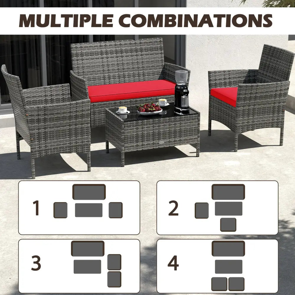 4 Pieces Patio Rattan Conversation Set with Tempered Glass Coffee Table-Red - Red - Patio Conversation Sets
