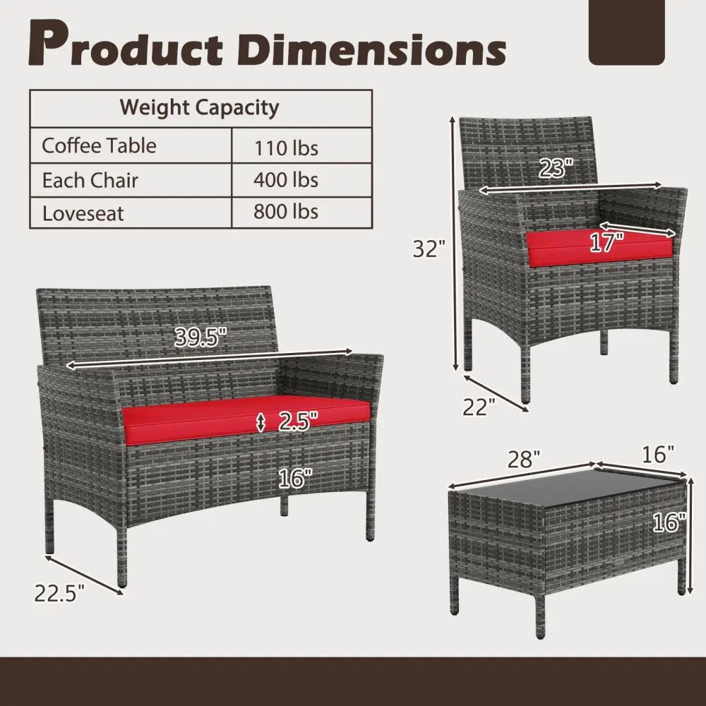 4 Pieces Patio Rattan Conversation Set with Tempered Glass Coffee Table-Red - Red - Patio Conversation Sets