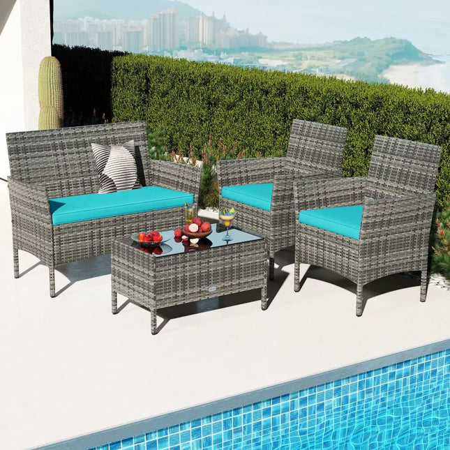 4 Pieces Patio Rattan Conversation Set with Tempered Glass Coffee Table-Turquoise - Turquoise - Patio Conversation Sets