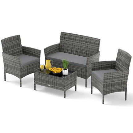 4 Pieces Patio Rattan Conversation Set with Tempered Glass Coffee Table-Gray - Gray - Patio Conversation Sets
