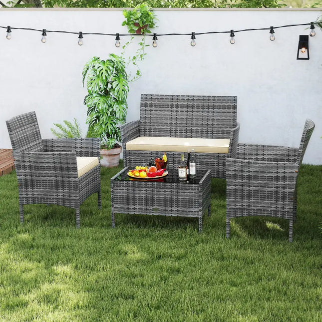 4 Pieces Patio Rattan Conversation Set with Tempered Glass Coffee Table-Beige - Beige - Patio Conversation Sets