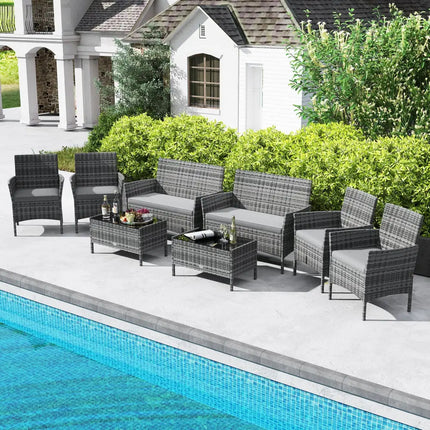 4 Pieces Patio Rattan Conversation Set with Tempered Glass Coffee Table-Gray - Gray - Patio Conversation Sets
