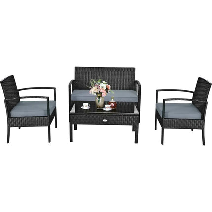 4 Pieces Patio Rattan Cushioned Furniture Set-Gray - Gray - Patio Conversation Sets
