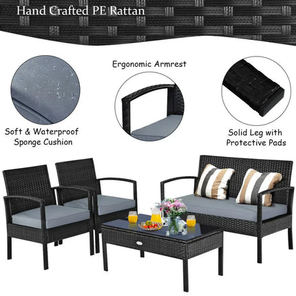 4 Pieces Patio Rattan Cushioned Furniture Set-Gray - Gray - Patio Conversation Sets