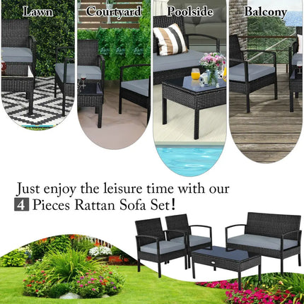 4 Pieces Patio Rattan Cushioned Furniture Set-Gray - Gray - Patio Conversation Sets