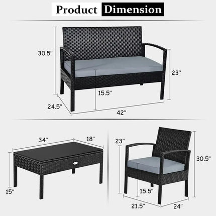 4 Pieces Patio Rattan Cushioned Furniture Set-Gray - Gray - Patio Conversation Sets