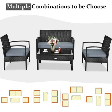 4 Pieces Patio Rattan Cushioned Furniture Set-Gray - Gray - Patio Conversation Sets