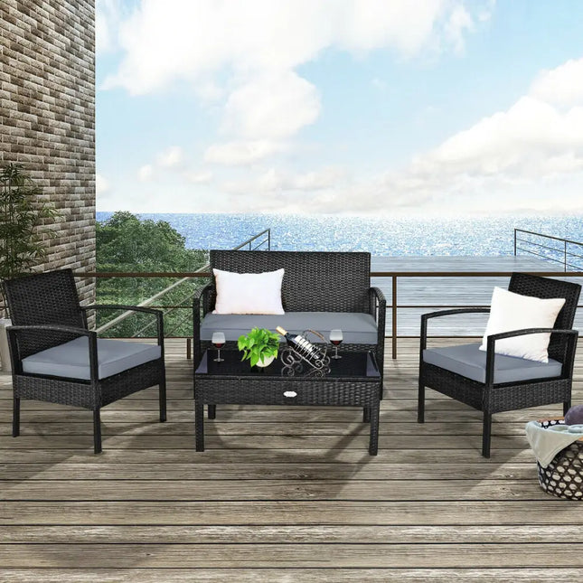 4 Pieces Patio Rattan Cushioned Furniture Set-Gray - Gray - Patio Conversation Sets