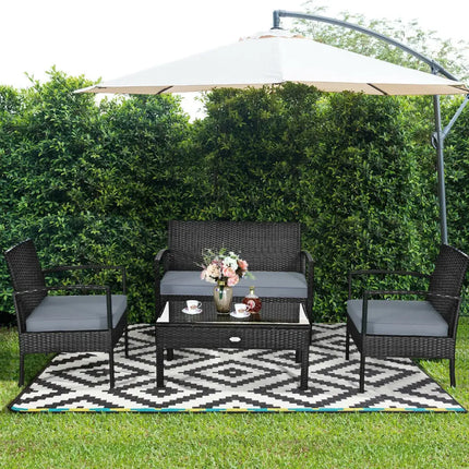4 Pieces Patio Rattan Cushioned Furniture Set-Gray - Gray - Patio Conversation Sets