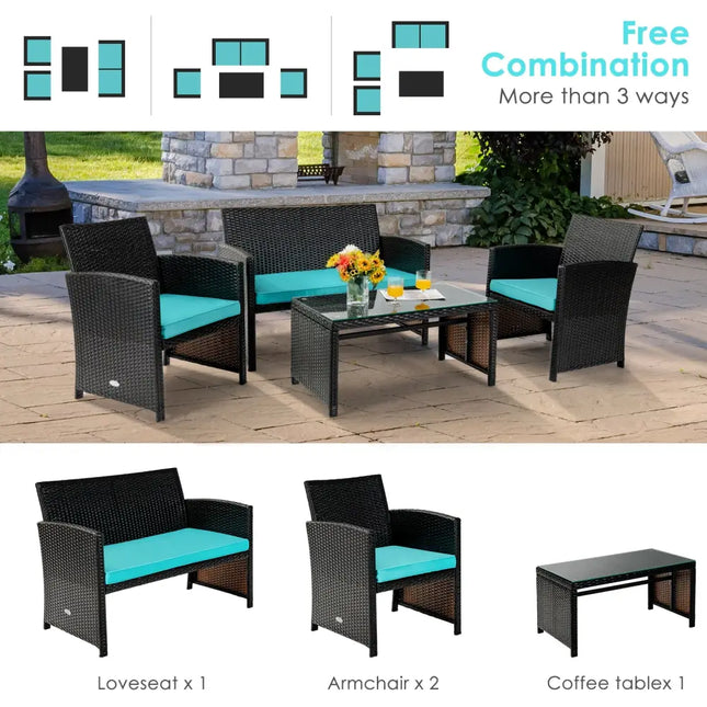 4 Pieces Patio Rattan Cushioned Furniture Set-Green - Turquoise - Patio Furniture Sets