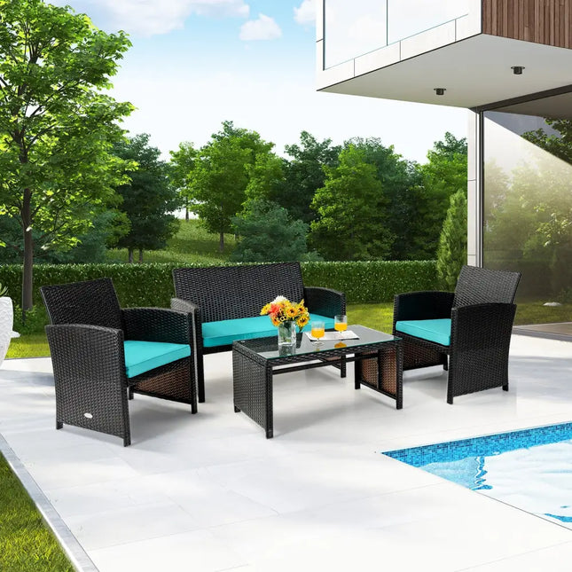 4 Pieces Patio Rattan Cushioned Furniture Set-Green - Turquoise - Patio Furniture Sets