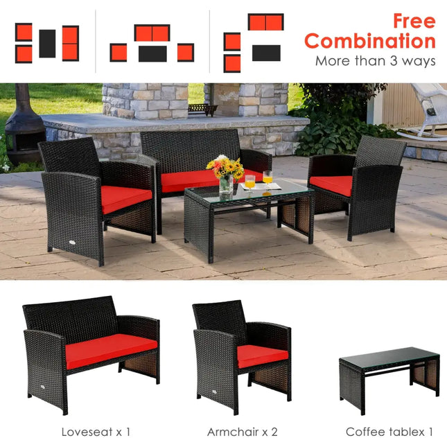 4 Pieces Patio Rattan Cushioned Furniture Set-Red - Red - Patio Furniture Sets