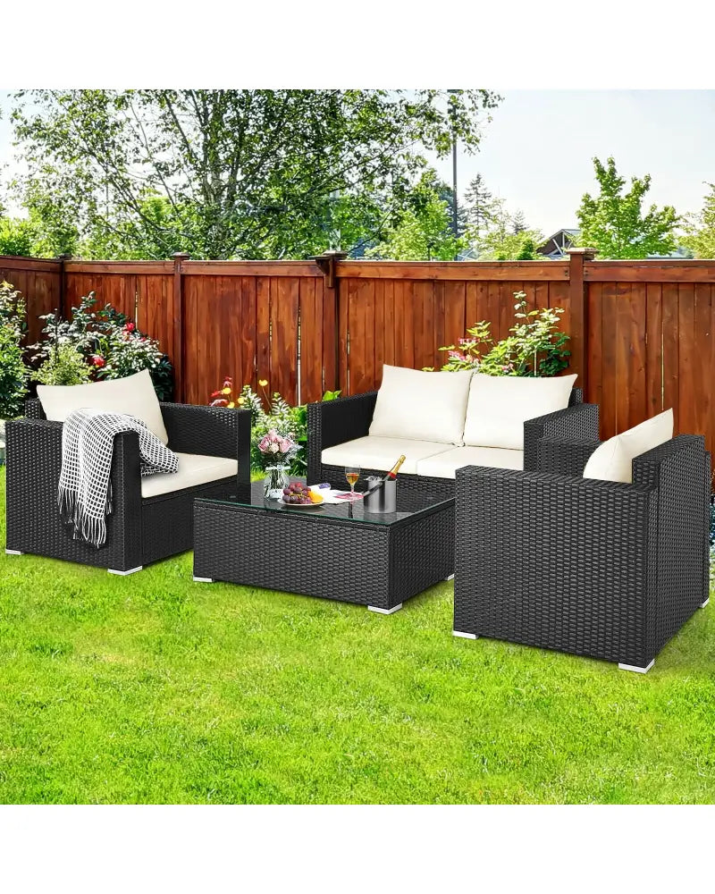 4 Pieces Patio Rattan Cushioned Furniture Set-White - White - Patio Conversation Sets