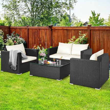 4 Pieces Patio Rattan Cushioned Furniture Set-White - White - Patio Conversation Sets