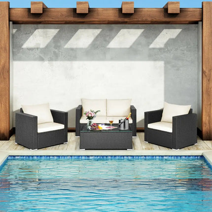 4 Pieces Patio Rattan Cushioned Furniture Set-White - White - Patio Conversation Sets