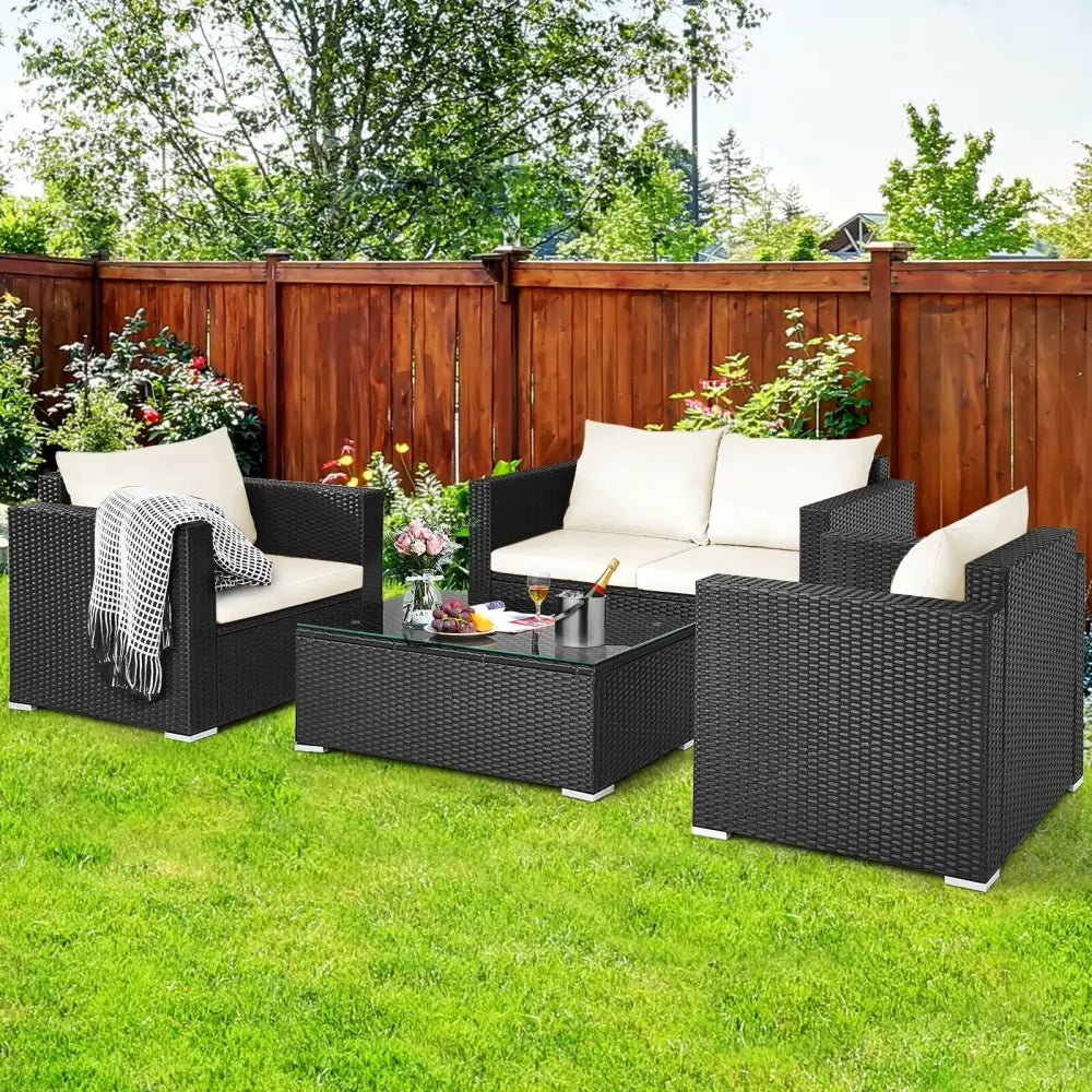 4 Pieces Patio Rattan Cushioned Furniture Set-White - White - Patio Conversation Sets