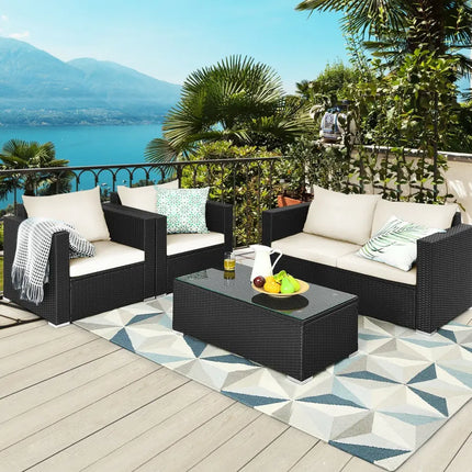4 Pieces Patio Rattan Cushioned Furniture Set-White - White - Patio Conversation Sets