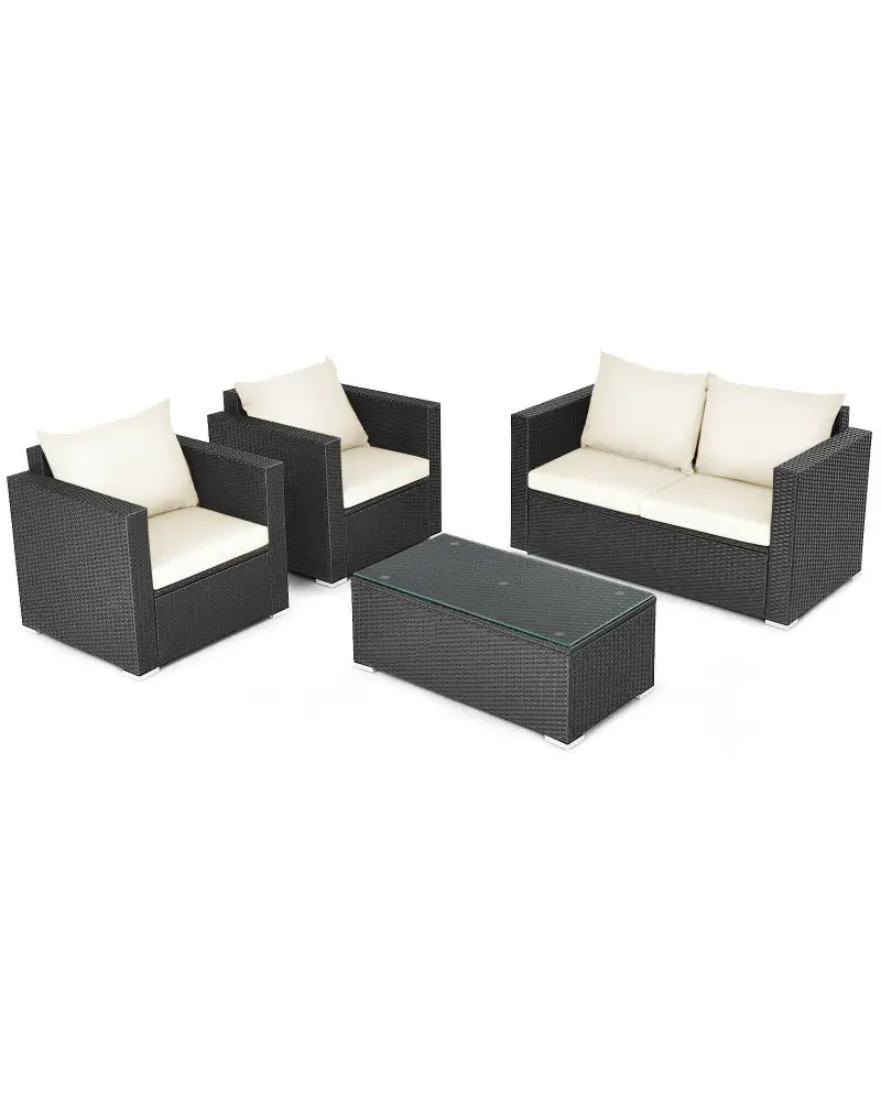 4 Pieces Patio Rattan Cushioned Furniture Set-White - White - Patio Conversation Sets