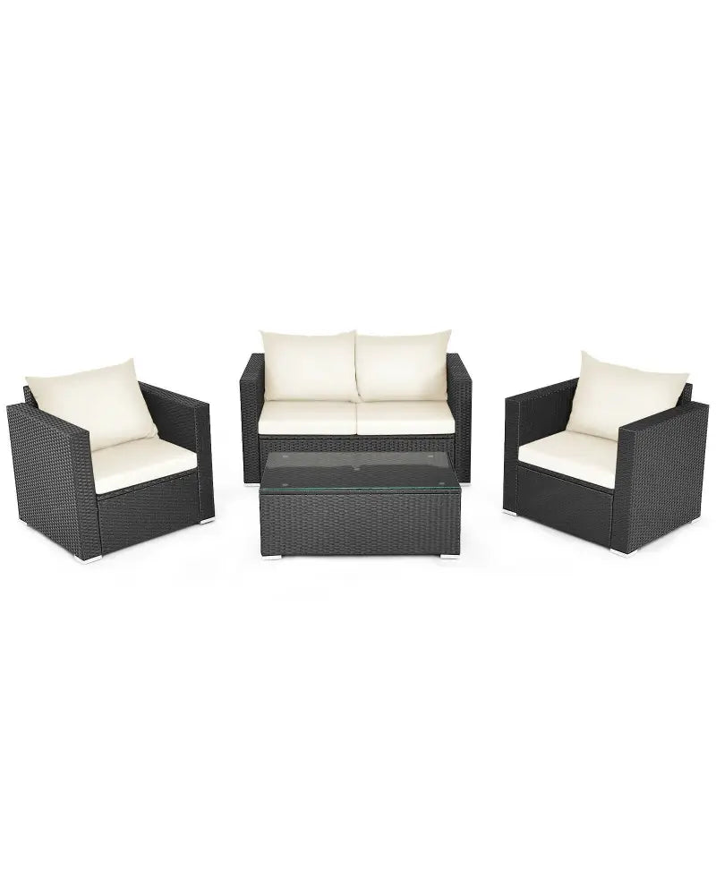 4 Pieces Patio Rattan Cushioned Furniture Set-White - White - Patio Conversation Sets