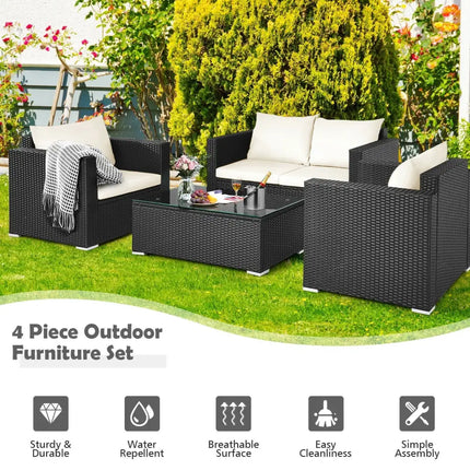 4 Pieces Patio Rattan Cushioned Furniture Set-White - White - Patio Conversation Sets