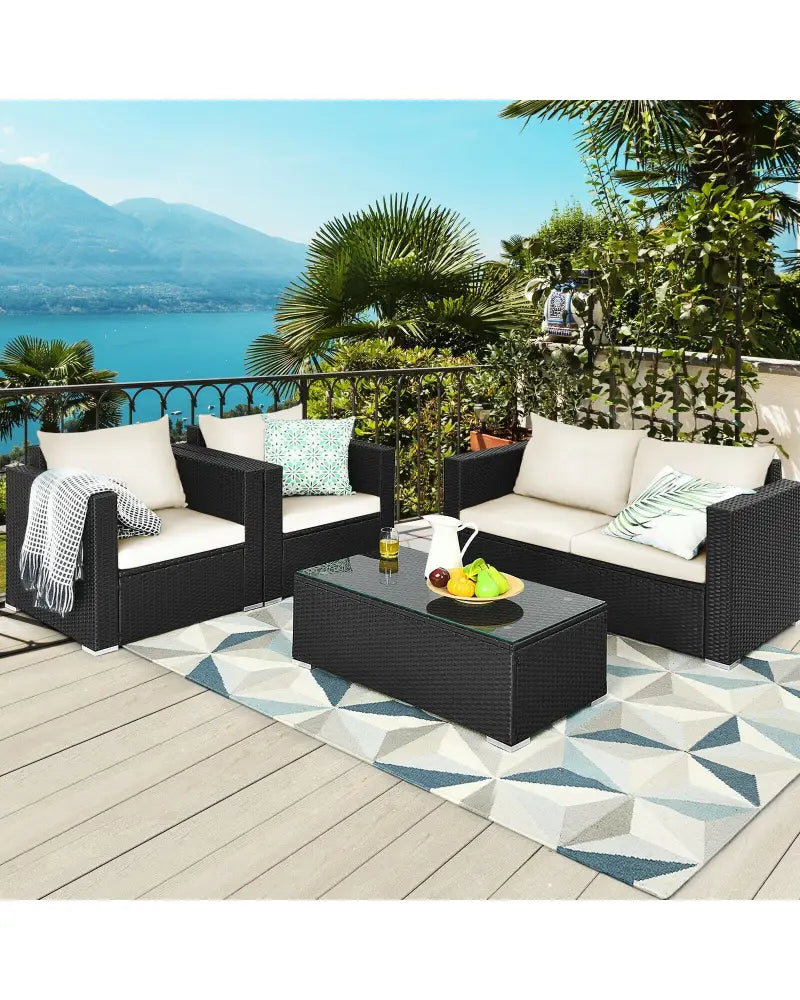 4 Pieces Patio Rattan Cushioned Furniture Set-White - White - Patio Conversation Sets