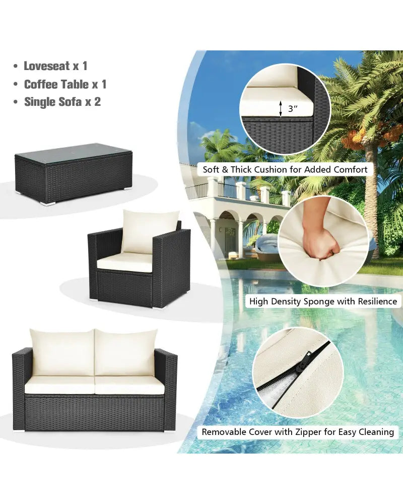 4 Pieces Patio Rattan Cushioned Furniture Set-White - White - Patio Conversation Sets