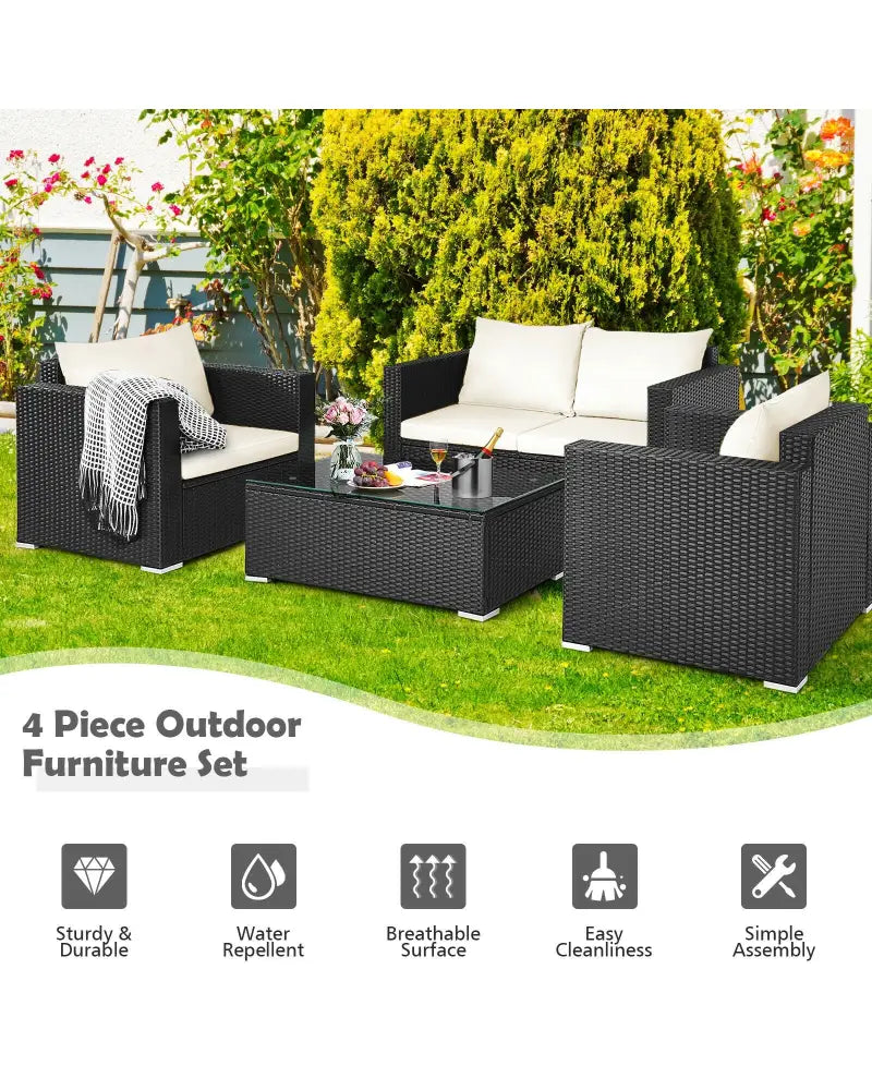 4 Pieces Patio Rattan Cushioned Furniture Set-White - White - Patio Conversation Sets