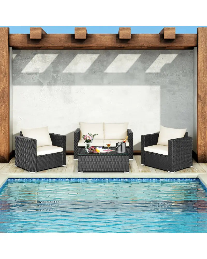 4 Pieces Patio Rattan Cushioned Furniture Set-White - White - Patio Conversation Sets