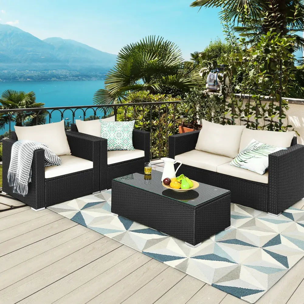 4 Pieces Patio Rattan Cushioned Furniture Set-White - White - Patio Conversation Sets