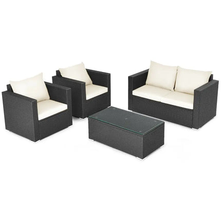 4 Pieces Patio Rattan Cushioned Furniture Set-White - White - Patio Conversation Sets