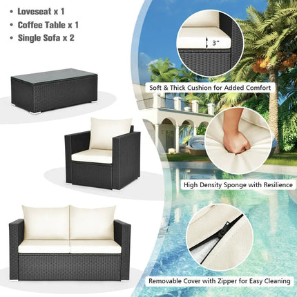 4 Pieces Patio Rattan Cushioned Furniture Set-White - White - Patio Conversation Sets