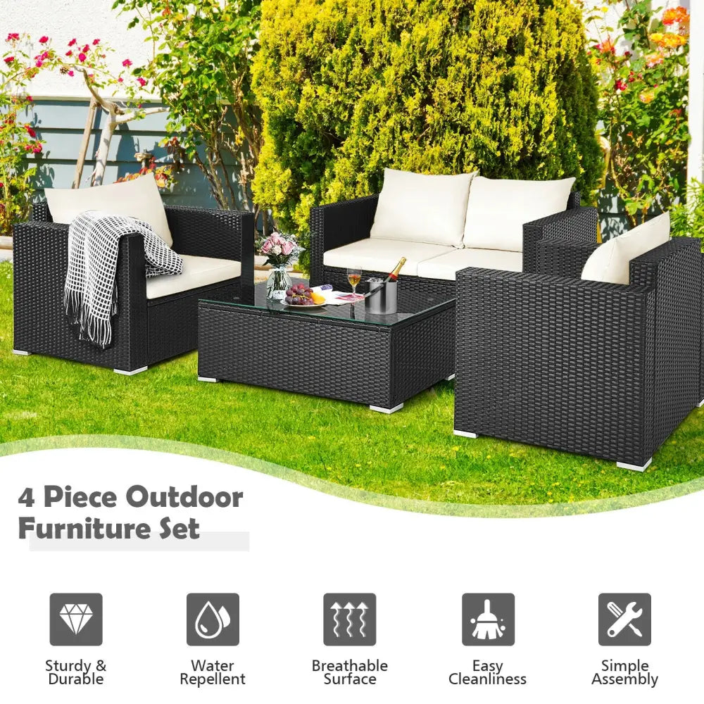 4 Pieces Patio Rattan Cushioned Furniture Set-White - White - Patio Conversation Sets
