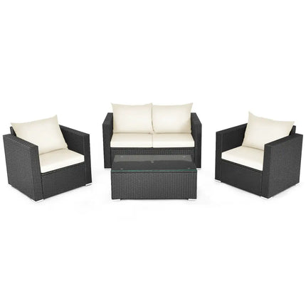 4 Pieces Patio Rattan Cushioned Furniture Set-White - White - Patio Conversation Sets